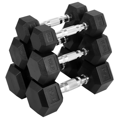 IDEAHOUSE Non-Slip Hex Dumbbells - Rubber & PEV Coated Free Weights with Anti-Roll Handles for Unisex Strength Training (Home Gym Exercise Equipment) - size: 60 Lb Set(Pair of 5, 10, 15)