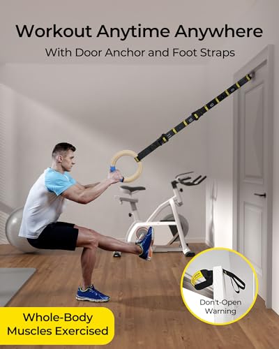 Gymnastics Rings 32mm Wooden Olympic Rings Support 1500lbs Locked Carabiners 9ft Double-Layer Numbered Straps Non-Slip Gym Rings with Foot Straps Door Anchor for Home Gym Full Body Workout - style: 01-1.25" Buckle Rings & Straps & Door Anchor & Foot Strap