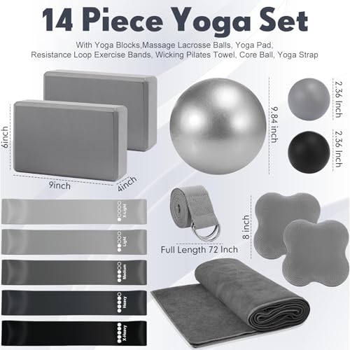 14 Pcs Yoga Kits for Home Workouts Pilates Equipment Set for Women Beginners, Hot Yoga Towel Blocks Strap, Knee Pad, Resistance Loop Exercise Band, Massage Lacrosse Ball, Pilates Ball
