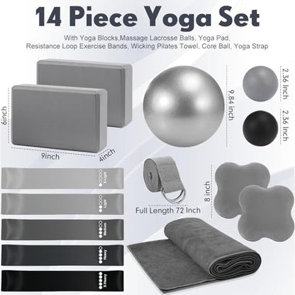 14 Pcs Yoga Kits for Home Workouts Pilates Equipment Set for Women Beginners, Hot Yoga Towel Blocks Strap, Knee Pad, Resistance Loop Exercise Band, Massage Lacrosse Ball, Pilates Ball
