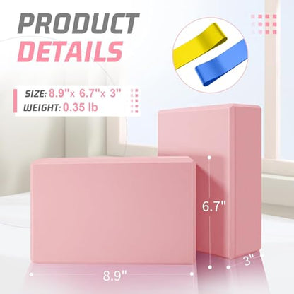 Yoga Blocks 2 Pack 3x6x9IN Foam Block Supportive Latex-Free with Stretch Band, Non-Slip Exercise Blocks for Pilates, Meditation, Balance, Stretching and Deep Poses - color: 2PACK-Pink