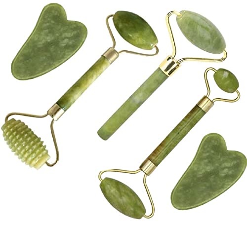 Jade Roller & Gua Sha Set 5 in 1 Facial Massager Tools - Jade Gua Sha Facial Massager Set with Roller for Face Sculpting & Skin Care