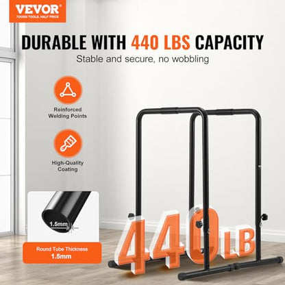 VEVOR Dip Bars, 440 lbs Capacity, Heave Duty Dip Stand Station with Adjustable Height, Fitness Workout Dip Bar Station Stabilizer Parallette Push Up Stand, Parallel Bars for Strength Training Home Gym