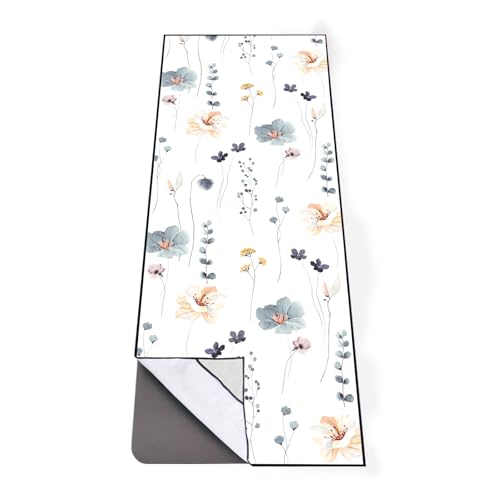 QiyI Floral Yoga Mat Towel with Corner Pockets, Non Slip Sweat Absorbent Hot Yoga Towels, Soft Yoga Blankets with Travel Bag, Mat Cover for Workout, Gym, Fitness - 74"x26", Watercolor Flowers