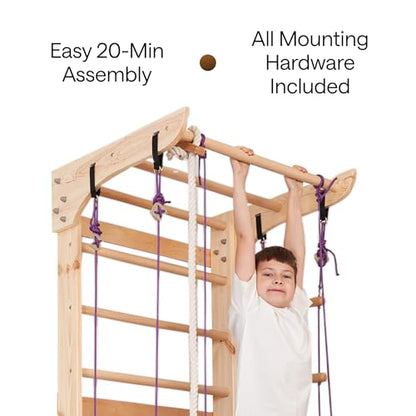 Wooden Swedish Ladder Wall Set – Kids Stall Bars for Exercise – Kids Swedish Gymnastic Wall Gym – Wood Stall Bar Gymnastics Playground – Best Gym for All Family - color: Wood