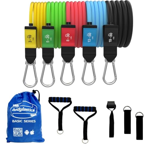 Bodylastics Patented Basic Series Resistance Band Set - Resistance Bands with Snap Reduction Tech, 2 Handles, 2 Ankle Straps, 1 Door Anchor & 1 Carry Bag