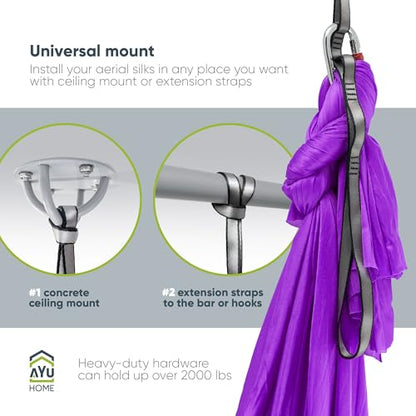 AyuHome Aerial Silks Kit for Home - Premium Yoga Swing for Adults with 660 lbs Capacity - Versatile Aerial Yoga Hammock for Gymnastics Training