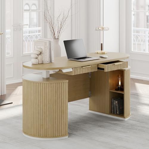 Electric Standing Desk with Storage Drawers, 63'' Executive Height Adjustable Desk with Privacy Panel and Shelves, Wood Fluted Computer Desk for Home Office, Light Walnut