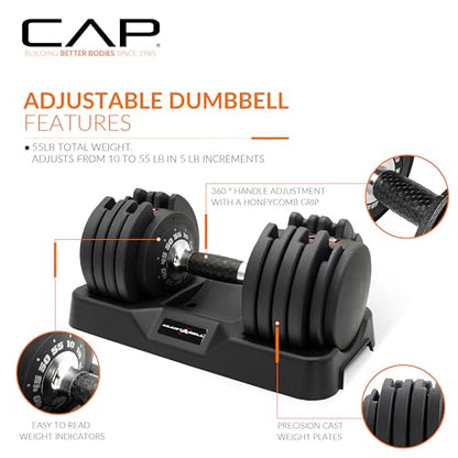 CAP ADJUSTABELL Adjustable Dumbbell Weights - Singles & Pairs | 12.5 lb, 25 lb & 55 lb | Multiple Handle Options - size: 55 lb - Honeycomb Chrome and Black Handle, style: Pair