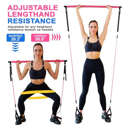 Pilates Bar Kit with Resistance Bands,Pilates Bar with Stackable Bands Workout Equipment for Legs,Hip,Waist and Arm,Exercise Fitness Equipment for Women & Men Home Gym Yoga Pilates - color: Baby Pink