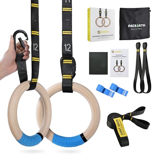 Gymnastics Rings 32mm Wooden Olympic Rings Support 1500lbs Locked Carabiners 9ft Double-Layer Numbered Straps Non-Slip Gym Rings with Foot Straps Door Anchor for Home Gym Full Body Workout - style: 01-1.25" Buckle Rings & Straps & Door Anchor & Foot Strap