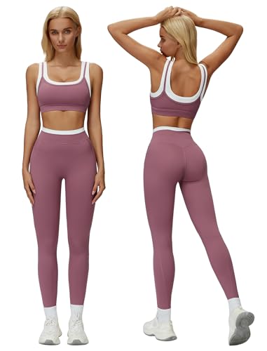 ABOCIW Womens Two Piece Workout Sets Double Layer Sports Bra Matching Tummy Control High Wait Leggings Active Gym Outfit - color: Bean, size: Medium
