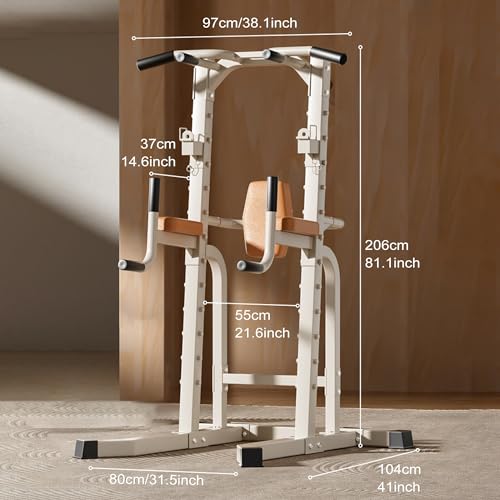 Power Tower Dip Station, Multi-Function Pull Up Bar Station, Barbell Rack, Bench Press, Adjustable Height for Home Gym Strength Training and Full Body Workout(Red Black)
