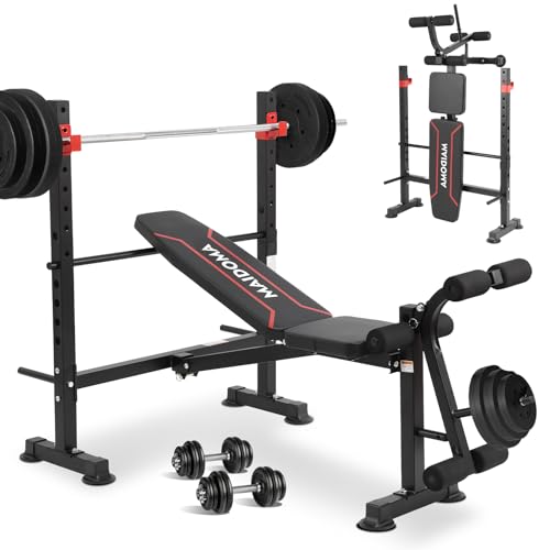 MAIDOMA 8 IN 1 Standard Weight Bench Set with Leg Extension and Leg Curl, Fast Folding & Adjustable Workout Bench for Home Gym,Adjustable Bench Press with Squat Rack.（US Stock） - color: wine red