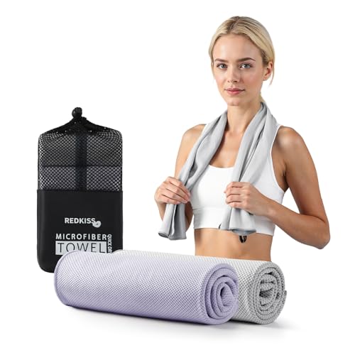 REDKISS 2 Pack Cooling Towels (39"x11"), Ice Towel, Soft Breathable Chilly Towel, Microfiber Towel for Sport, Running, Workout,Gym, Camping & More Activities - Grey Purple - color: Grey+purple, size: set of 2
