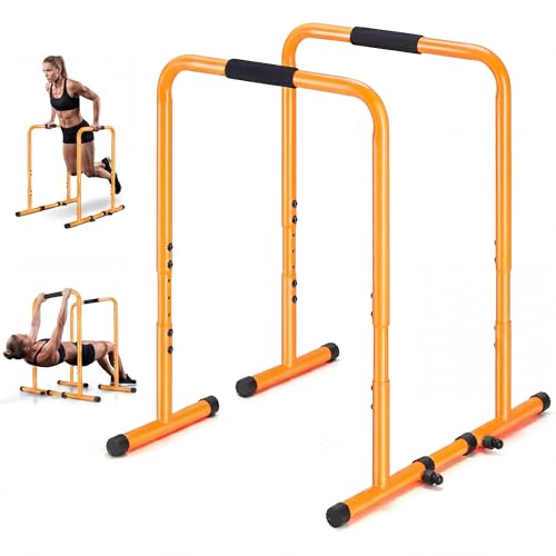 Dip Bar Station, Adjustable and Portable Parallel Bars with Soft High-Density Foam Handles, Strength Training Calisthenics Bars for Home Gym Patio Office - color: YELLOW