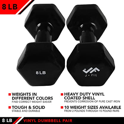 JFIT Dumbbell Pairs or Sets – Neoprene & Vinyl Coated Hand Weights for Home Gym, Strength Training, Aerobics, Cardio Exercise and Fitness - size: 8 lbs (Pair)