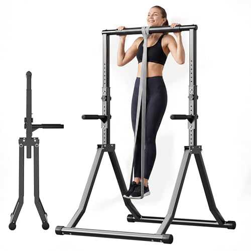 Foldable Power Tower Dip Station for Pull Ups, 66.1"-84.6" 12 Level 700 LBS, Adjustable Dip Handles & Assistance Bands Foldable Home Gym Equipment - color: 66"-85" with Dual Dip Handles & Assistance Bands