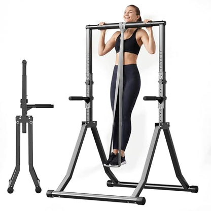 Foldable Power Tower Dip Station for Pull Ups, 66.1"-84.6" 12 Level 700 LBS, Adjustable Dip Handles & Assistance Bands Foldable Home Gym Equipment - color: 66"-85" with Dual Dip Handles & Assistance Bands