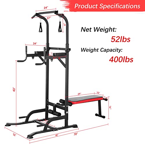 Power Tower with Bench, Pull Up Bar Dip Station, Power Tower Dip Station, Training Workout Equipment, Height Adjustable Pull Up Tower w/Folding Bench 4 Ropes, Strength Training, Home Gym