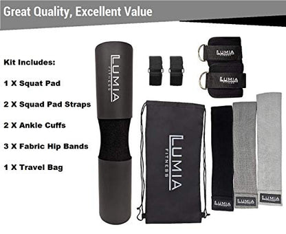 7 Piece Glute Workout Kit, Barbell Squat Pad, 3 Fabric Resistance Bands, 2 Ankle Straps, Carry Bag - Gym Accessories for Men and Women