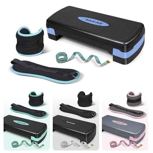 SAKAE Exercise Step Platform Set with Ankle Weights & Measuring Tape, Adjustable Height 2 Level Risers Workout Step Trainer, Aerobic Steppers for Home Gym Exercise Fitness Workout, Multiple Colors