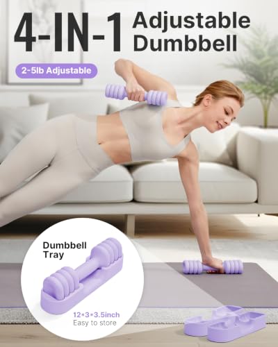 YOTTOY Adjustable Dumbbell Set of 2, 4-in-1 Hand Weights for Women at Home, Compact Free Weights Dumbbells Set with Soft Grip and Base, 2-5 lbs Each for Home Gym - color: Purple