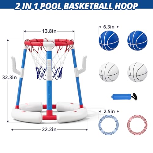 HYES 2 in 1 Pool Basketball Hoop with Ring Toss, Floating Pool Toys, Red - style: without backboard