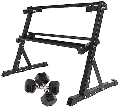 Signature Fitness Fitvids Rubber Encased Hex Dumbbell – 25LB Pair with 2-Tier Rack – 25LB Pair with 2T-Rack, Bundle – Black