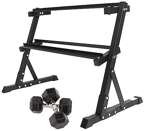 Signature Fitness Fitvids Rubber Encased Hex Dumbbell – 25LB Pair with 2-Tier Rack – 25LB Pair with 2T-Rack, Bundle – Black