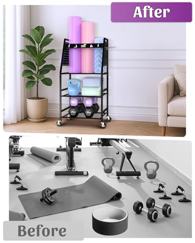 Mythinglogic Yoga Mat Storage Racks,Home Gym Storage Rack for Dumbbells Kettlebells Foam Roller, Yoga Strap and Resistance Bands, Workout Equipment Storage Organizer With Hooks and Wheels