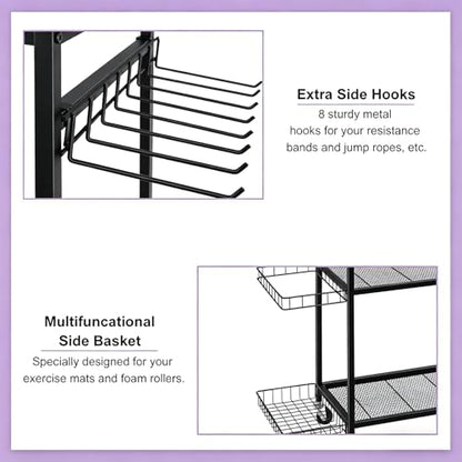 Workout Equipment Storage Rack Metal Yoga Mat Storage Rack, Weight Cart Home Gym Storage Rack with Wheels for Dumbbells, Yoga Mats, Kettlebells, Foam Rollers