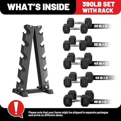 Hex Dumbbell Sets with Rack, 85-560lb Dumbbell Weight Set & Storage Rack - size: 390lb (20, 35, 40, 45, 55lb)x2& Rack