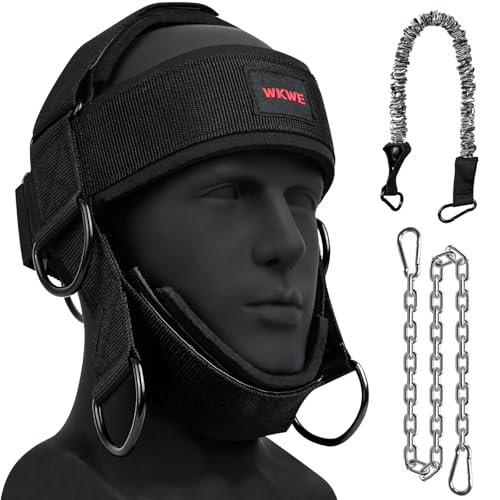Neck Harness for Increases Neck Core Strength - Neck Exerciser with 30" Heavy Duty Steel Chain for Safely Lifting Weights Up to 280 lbs, Adjustable Head with Nylon Tether and 2 Carabiners - color: BLACK