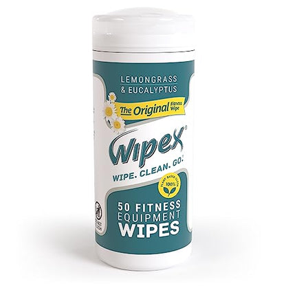 Wipex Fitness Equipment Wipes - EWG Verified - 50 Ct Original Natural Plant Based Gym Wipes for Equipment, Clean Surfaces at Home or Gym, Use as a Yoga Mat Cleaner, Lemongrass, Eucalyptus & Vinegar