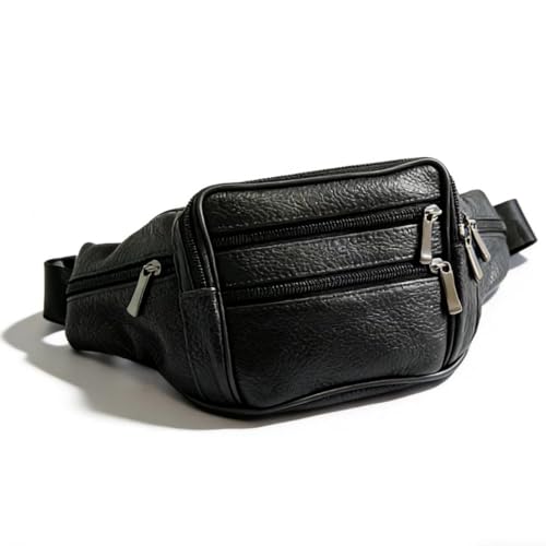 Leather Fanny Pack Travel Waist Bag 7 Pockets Waist Pack.Suitable for Outdoor Mountaineering Travel Camping Cycling Running etc FANNING511 Fanny pack (Black)