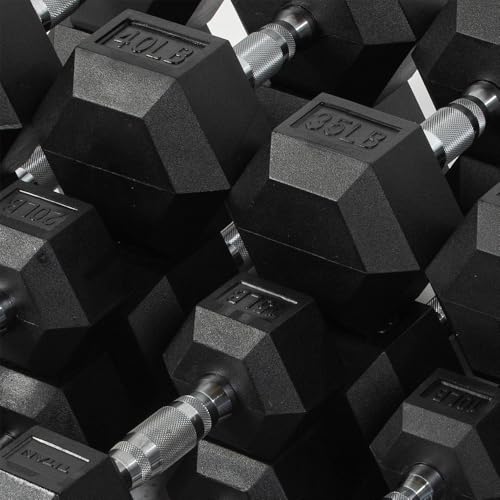 Titan Fitness Rubber Hex Dumbbells, 5 LB-50 LB Set of Pairs, Roll-Resistant Hexagonal Free Weights, Hex Dumbbell Set with Chrome-Coated Handles, Free Weight Set, Strength Training Equipment
