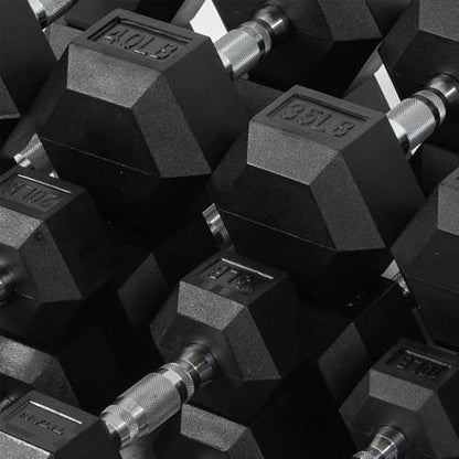 Titan Fitness Rubber Hex Dumbbells, 5 LB-50 LB Set of Pairs, Roll-Resistant Hexagonal Free Weights, Hex Dumbbell Set with Chrome-Coated Handles, Free Weight Set, Strength Training Equipment