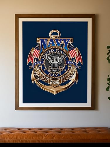 AMERICAN LUXURY GIFTS US Navy Gold Anchor Crest - Military Patriotic Wall Art for Office, Man Cave & Boy's Room Decor - 11x14 Unframed Print