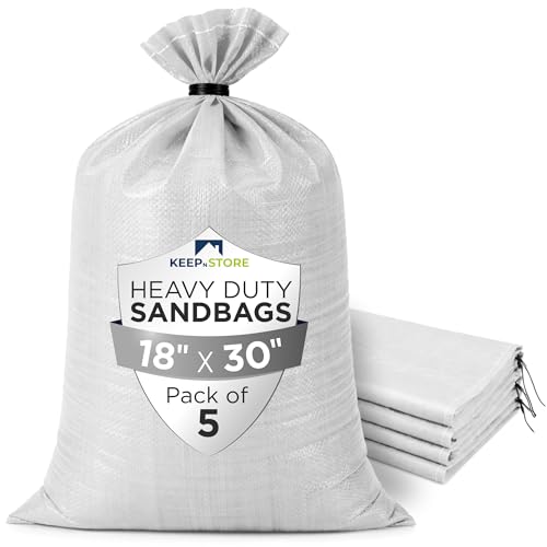 Heavy Duty Sand Bags Pack of 5, White Empty Sandbags with Built-In Ties, Woven Polypropylene UV Protection 1600 Hours, Fillable Bags for Flood Control, Weight, 18x30 inches, 75 Pounds Volume - color: White, size: 18"W x 30"L