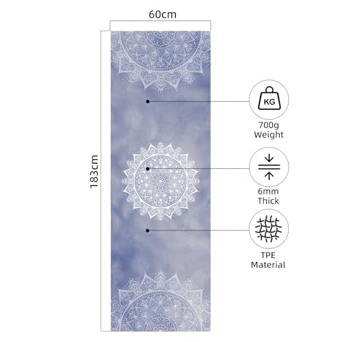 FOLAI Extra Thick Yoga Mat 6mm，pilates mat thick - Non-Slip Exercise Mat for HIIT, Pilates & Home Workouts & Workout with Free Carry Strap - color: Mandala Blue
