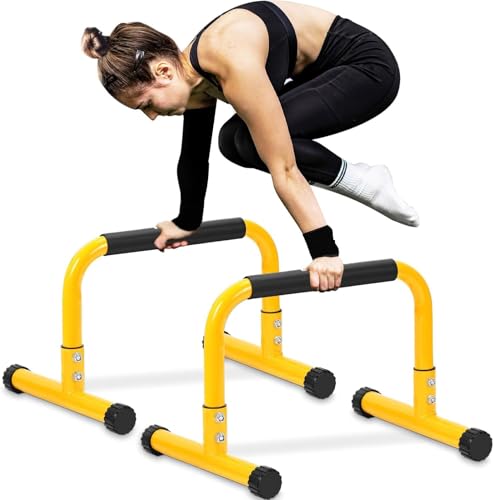 TABEKE Push Up Bar, 14'' High Steel Parallettes & Dip Bar with Full Coverage Foam Handle, Heavy-Duty Calisthenics Parallel Bars for L-Sit, Dips, Home Gym Strength Training Workout - color: Yellow