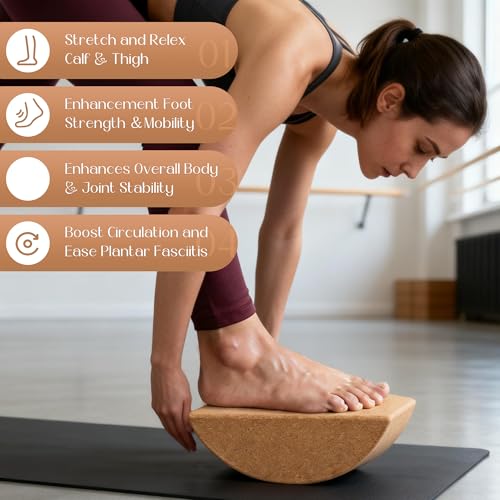 HiSnug Cork Calf Stretcher Foot Rocker - Half Moon Yoga Block for Plantar Fasciitis, Recovery Ankle Stretcher Balance Blocks Leg Muscle Strength Traning Sports Workout Equipment, Anti-Slip