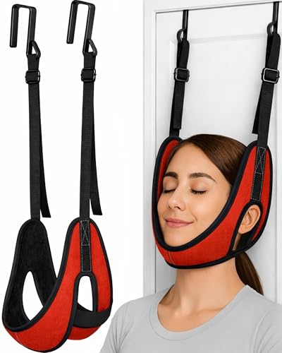 Upgraded Over-The-Door Cervical Neck Traction Device – Portable Adjustable Neck Stretcher for Neck Pain Relief, Spine Alignment & Posture Correction, Home Physical Therapy Kit, 330 lbs Support (Red) - color: Red