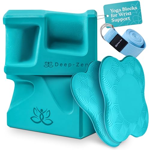 PRO Yoga Blocks | Ergonomic Yoga Block 2 Pack for Wrist Comfort and Support | EVA Foam Exercise Blocks, 2x Knee Pads & Yoga Strap | Pilates Block Set | Bricks to Eliminate Wrist Pain - color: Blue
