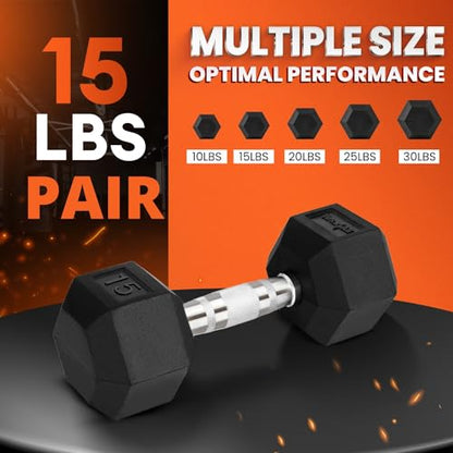 Yes4All Chrome/Rubber Grip Encased Hex Dumbbells – Hand Weights With Anti-Slip 10-30 LBS Pair - color: C. 15lbs - Pair, style: Chrome Grip