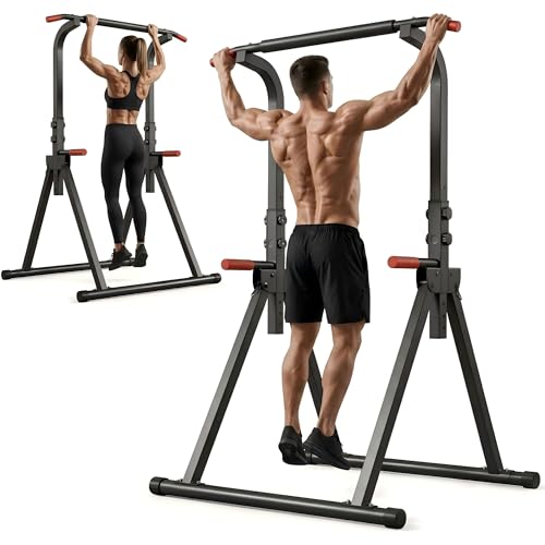 Freestanding Pull Up Bar Station, Foldable Pull Up Tower & Dip Station for Home Gym Workout, Portable| 10-Level Adjustable Height| Heavy Duty Steel| 440 LBS - color: Black+Red