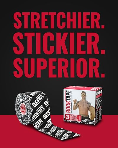 RockTape Extra Sticky Kinesiology Tape - Athletic Tape for Muscle Pain Relief, Injury Recovery - Microscopic Skin Lifting & Decompression - Sweat & Water Resistant - color: Logo Black, style: EXTRA STICKY