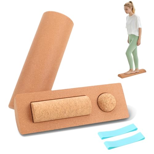 Cork Balance Board, Premium Ankle Balance Board & Foot Strengthener Exerciser Trainer Set for Mobility Support and Balancd Stability, with Massage Ball & Resistance Bands