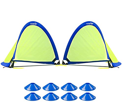 Poray Soccer Goal for Kid Easy-up Set of Two Portable Soccer Net 210D Oxford with 8 Field Marker Cones Extra Stakes Fun for Backyard and Soccer Training - color: Blue, size: 2.4ft